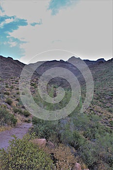 Landscape scenic view of Hieroglyphic  Canyon, Superstition Mountains, Hohokam Petroglyphs, Gold Canyon, Arizona, United States