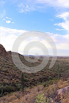 Landscape scenic view of Hieroglyphic  Canyon, Superstition Mountains, Hohokam Petroglyphs, Gold Canyon, Arizona, United States