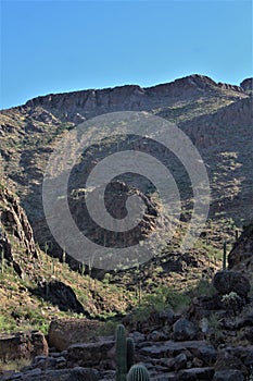 Landscape scenic view of Hieroglyphic  Canyon, Superstition Mountains, Hohokam Petroglyphs, Gold Canyon, Arizona, United States