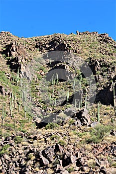 Landscape scenic view of Hieroglyphic  Canyon, Superstition Mountains, Hohokam Petroglyphs, Gold Canyon, Arizona, United States