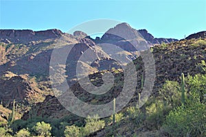 Landscape scenic view of Hieroglyphic  Canyon, Superstition Mountains, Hohokam Petroglyphs, Gold Canyon, Arizona, United States