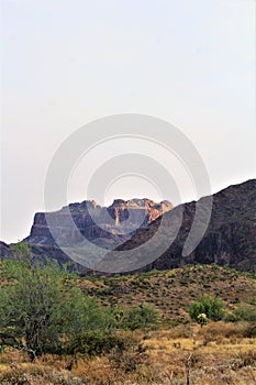 Landscape scenic view of Hieroglyphic  Canyon, Superstition Mountains, Hohokam Petroglyphs, Gold Canyon, Arizona, United States