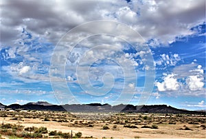 Landscape scenic view from Maricopa County, Mesa, Arizona to Pinal County, Florence Junction, Arizona.