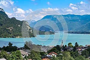 Landscape scenic view on Wolfgangsee lake in Salzkammergut, Austria from a high vantage point.