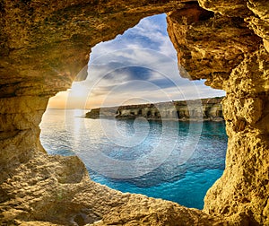 Landscape with sea cave at sunset, Ayia Napa, Cyprus