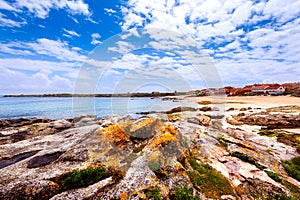 Landscape with sea,cliff, beach and blue sky. Galicia Spain.