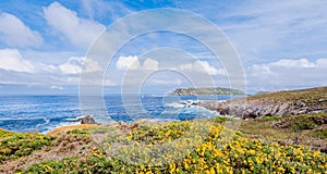 Landscape of sea, cliff blue sky with clouds. Ocean coast in the