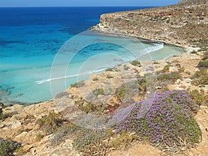 Landscape with sea of Lampedusa Island in Southern Italy in the Mediterranean Sea
