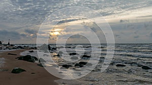 Landscape with sea shore, rocks in water and sand, December, Vidzeme rocky seashore, Latvia