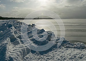 Landscape by the sea, snowy pieces of ice by the sea and ice texture at sea, dunes covered with a layer of white snow