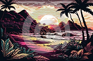 Landscape with sea sunset and mountains, Generative AI