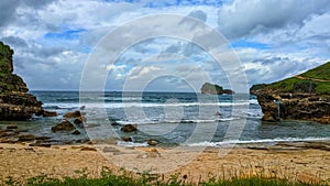 Landscape seascape rock formations Kasap beach in Pacitan East Java Indonesia