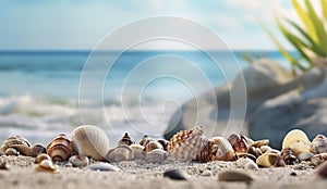 Landscape with seashells on tropical beach. Generative AI