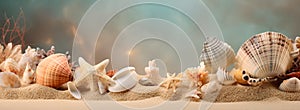 Landscape with seashells on tropical beach - summer holiday.