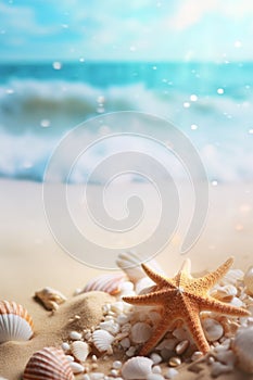 Landscape with seashells on tropical beach - summer holiday