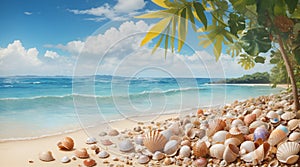 Landscape with seashells on tropical beach - summer holiday