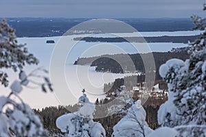 Landscape seen from the Vuokatinvaara hill in winter in Vuokatti, Finland