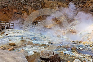 Landscape of Seltun Geothermal Area in Krysuvik with simmering hot springs, Iceland