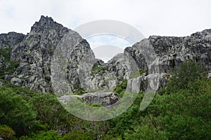 Landscape of Serra da Estrela National Park with rocks and forest