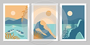 Set of abstract colorful landscape poster collection with sun, moon, star, sea, mountains, river, palm.