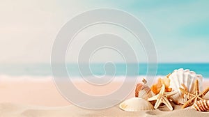 Landscape with shells on tropical beach.