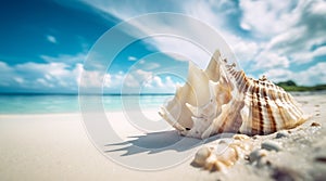Landscape with shells on tropical beach. Generative AI