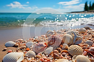 Landscape with shells on tropical beach. Generative AI