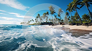 A landscape shot of a beach with waves crashing on the shore, sandy beaches, and clear blue skies