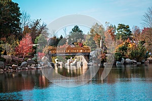 Landscape shot of the bridge at the japanese gardens in Grand Rapids Michigan during the fall
