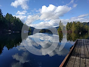 Landscape shot of a lake in Skookumchuck Narrows, Canada with the sky reflected in the clear water