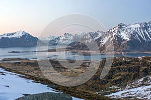 Landscape shot from Ryten towards fredvang and ramberg in Lofoten island in Norway