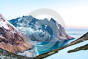 Landscape shot from Ryten towards Kvalvika beach in Lofoten island in Norway