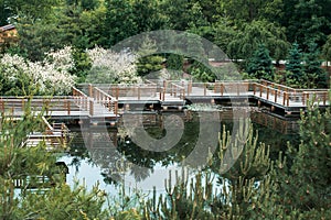 Frederik Meijer Gardens - Grand Rapids, MI, USA - June 15th 2019:   Landscape shot of the zig zag walking bridge in the japanese g