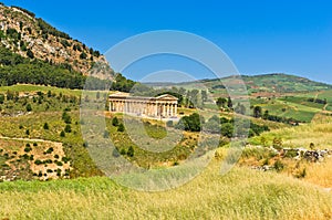 Landscape of Sicily with old greek temple at Segesta