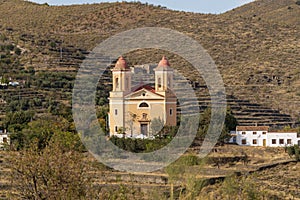 Landscape of Sierra Nevada with the church of Tices Spain