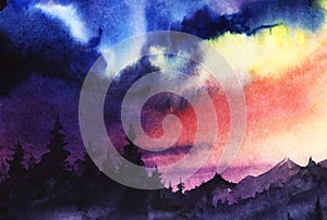 Landscape with a silhouette of a dark pine forest and distant li