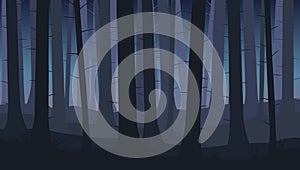 Landscape with silhouettes of blue trees in dark night forest - vector illustration