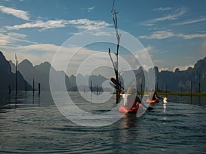 Landscape with silhouettes at Chieou Laan lake, Thailand