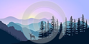 Landscape with silhouettes of deer, mountains deer and forest at sunrise. Vector illustration