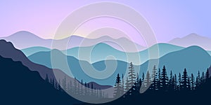 Landscape with silhouettes of mountains and forest at sunrise. Vector illustration