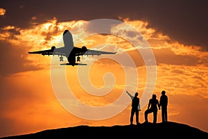 Landscape with silhouettes of standing people, passenger airplan