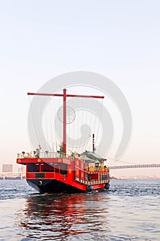 Landscape of Single red boat at sumida river viewpoint in tokyo,Japan