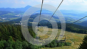 Landscape with ski chairlift and downhill mountain bike track surrounded by coniferous forests.