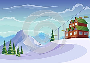 Landscape of ski resort vacation with ski lift and hotel building. Winter outdoor holiday activity sport in alps, view