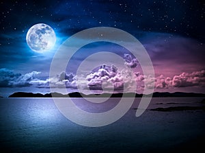 Landscape of sky with full moon on seascape to night. Serenity nature photo