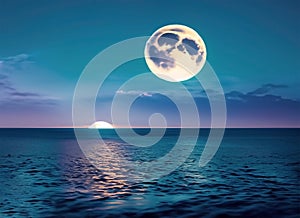 Landscape of sky with full moon on seascape to night Serenity nature. Generative AI
