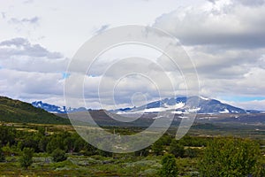 Landscape of snow capped mountains Norway