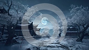 landscape with snow house in the eastern village. view with full moon.