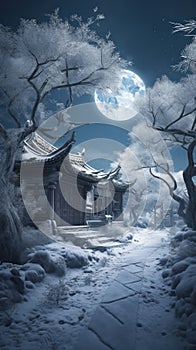 landscape with snow house in the eastern village. view with full moon.