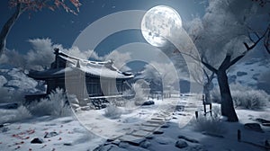 landscape with snow house in the eastern village. view with full moon.